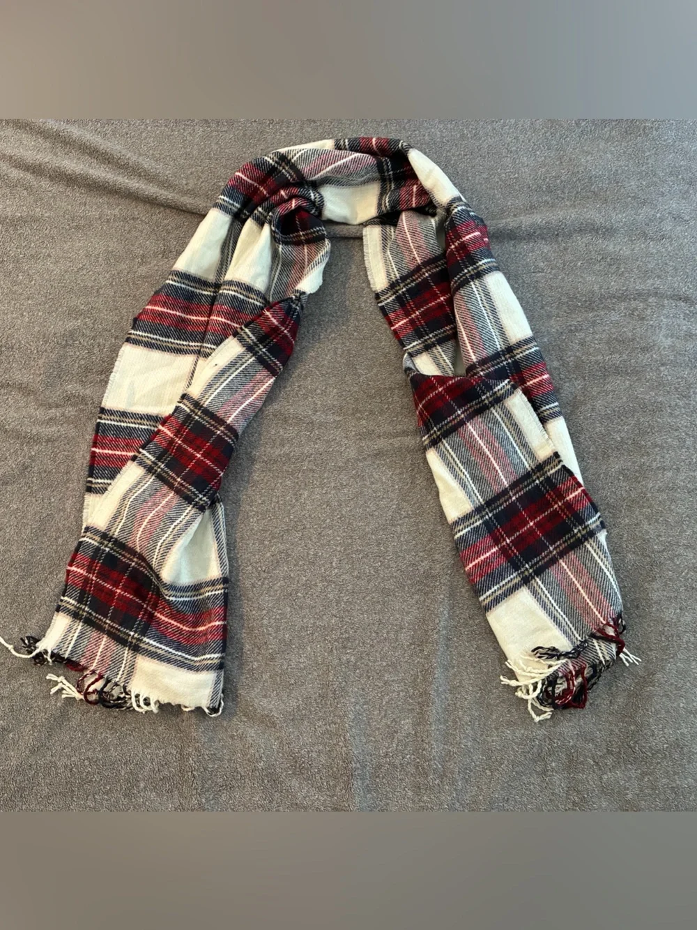 Abercrombie & Fitch Plaid Fringe Scarf in Cream, Red & Blue